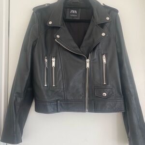 Zara Black Leather Biker Jacket with Silver Hardware